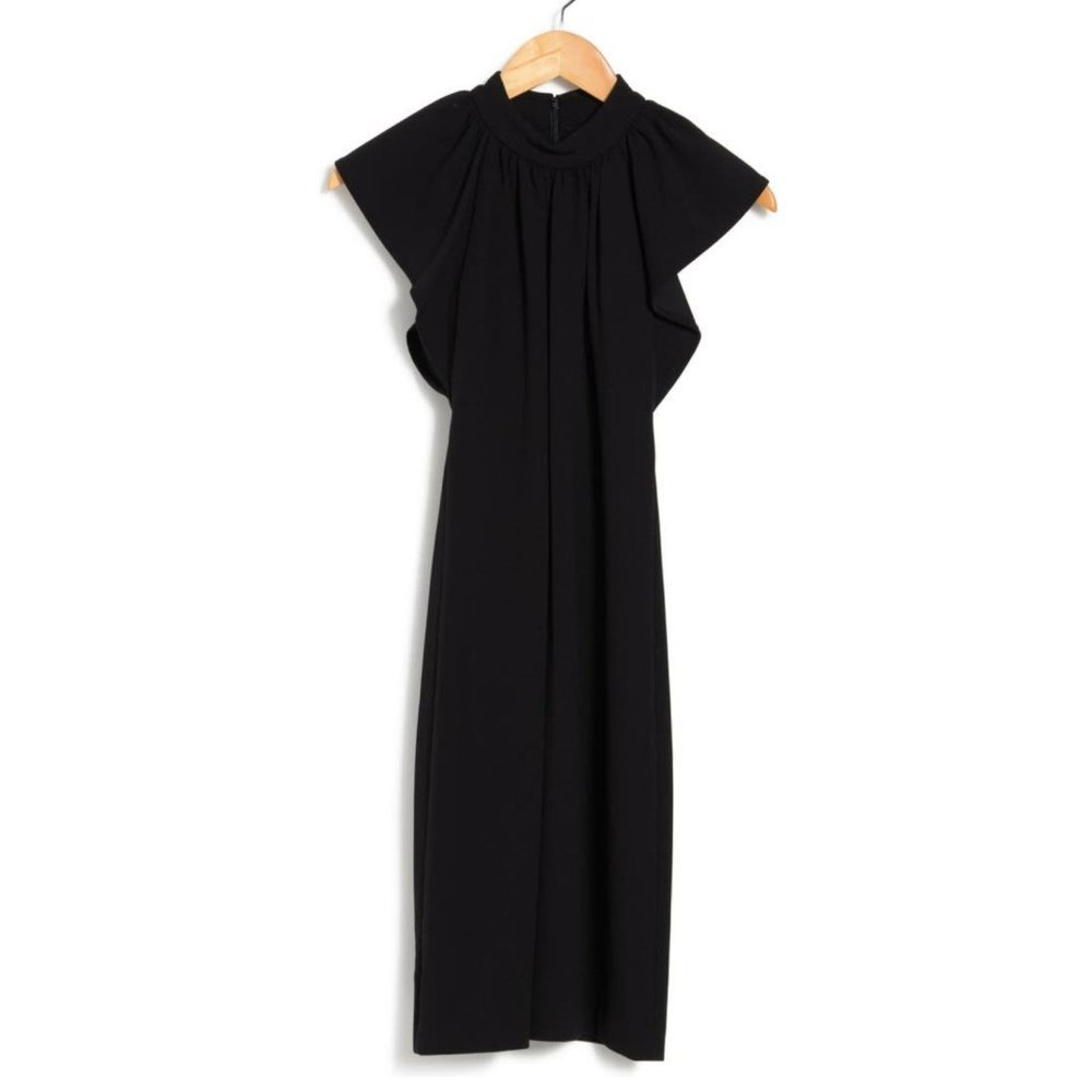Calvin Klein Womens Black Short Flutter Sleeve Pleat Neck Shift Dress Sz 10 NWT - Picture 3 of 10